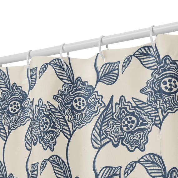 Blue Floral Shower Curtain, Boho Botanical Bathroom Decor, Soft Cottagecore Bath, Calm Nature Home