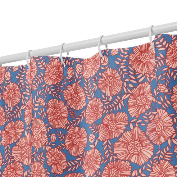 Floral Shower Curtain / Trendy Bold Block Print Style Flowers / Red Blue and Pink