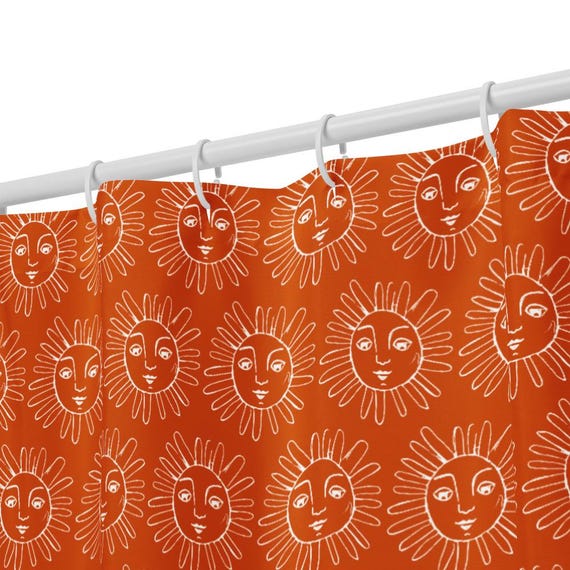 Boho Sun Shower Curtain, Celestial Terracotta Bathroom Decor, Hand-Drawn Art