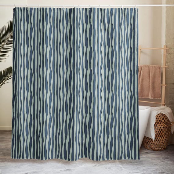 Blue Wavy Stripe Shower Curtain, Modern Abstract Bathroom Decor, Minimalist Wave Bath Curtain