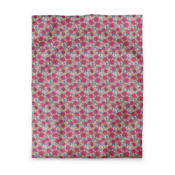 Floral Duvet Cover, Pink Block Print Bedding, Boho Flower Comforter Cover, Cottagecore Bedroom