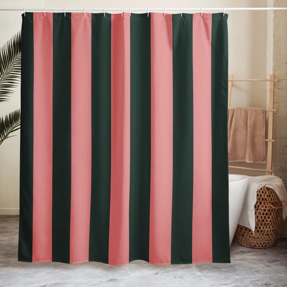 Stripes Shower Curtain: Dark Green, Pink Boho Design