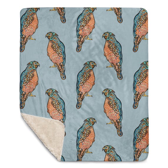 Hawk Blanket, Hand-Drawn Art, Pale Blue Sherpa Fleece