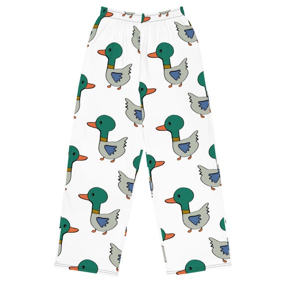 Mallard Duck Wide-Leg Pants: Green & White, Hand-Drawn Design