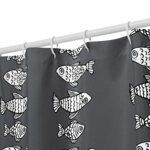Modern Fish Shower Curtain, Scandinavian Coastal Bathroom Decor, Nautical Bath Curtain, Gray Ocean Deco