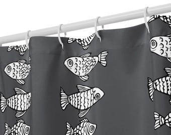 Modern Fish Shower Curtain, Scandinavian Coastal Bathroom Decor, Nautical Bath Curtain, Gray Ocean Deco