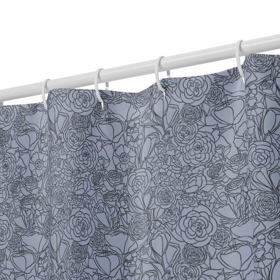 Blue Floral Shower Curtain, Moody Bathroom Decor, Slate Gray Botanical Bath, Elegant Neutral Home
