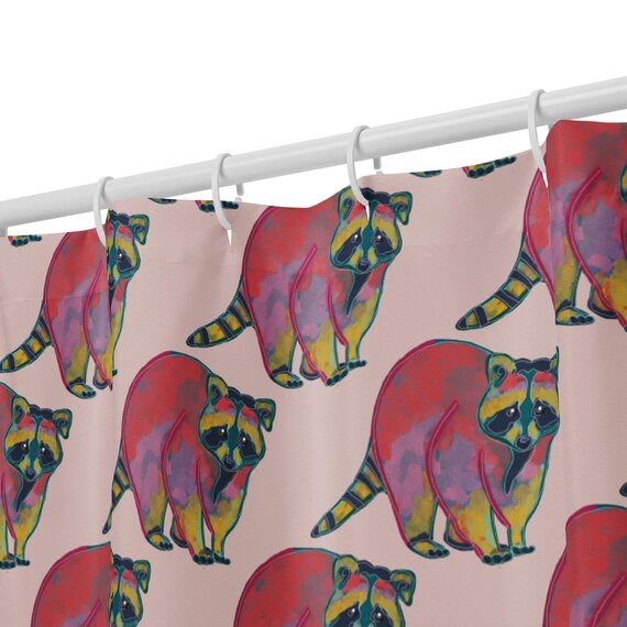 Raccoon Shower Curtain – Colorful Woodland Animal Bathroom Decor – Whimsical Nature Bath Curtain