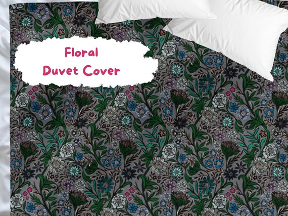 Floral Duvet Cover / Moody Aesthetic Bedding / Botanical Block Print Style Floral Duvet