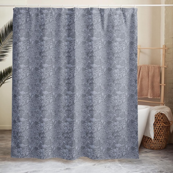 Blue Floral Shower Curtain, Moody Bathroom Decor, Slate Gray Botanical Bath, Elegant Neutral Home