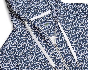Navy Floral Zip Hoodie | Unisex Cream and Blue Botanical Sweatshirt