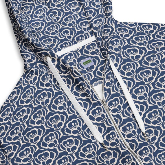 Navy Floral Zip Hoodie | Unisex Cream and Blue Botanical Sweatshirt