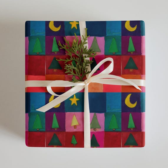Winter Wrapping Paper // Evergreen Trees Under a Starry Sky