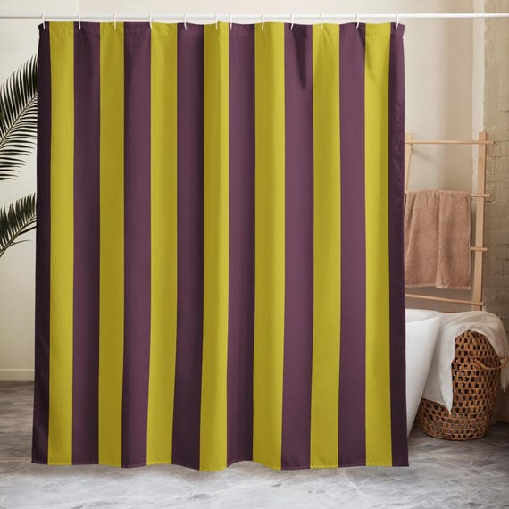 Striped Shower Curtain, Purple Yellow Bathroom Decor, Bold Color Stripe Bath Curtain, Modern Bath