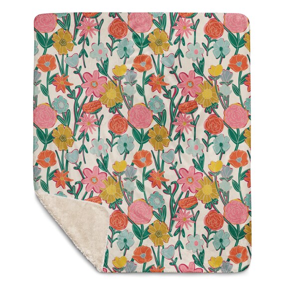 Pretty Flowers Cozy Sherpa Blanket / Pink Yellow Green and Blue / Spring Vibes