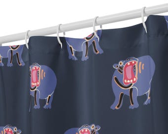 Hand-Drawn Hippo Shower Curtain, Whimsical Bathroom Decor