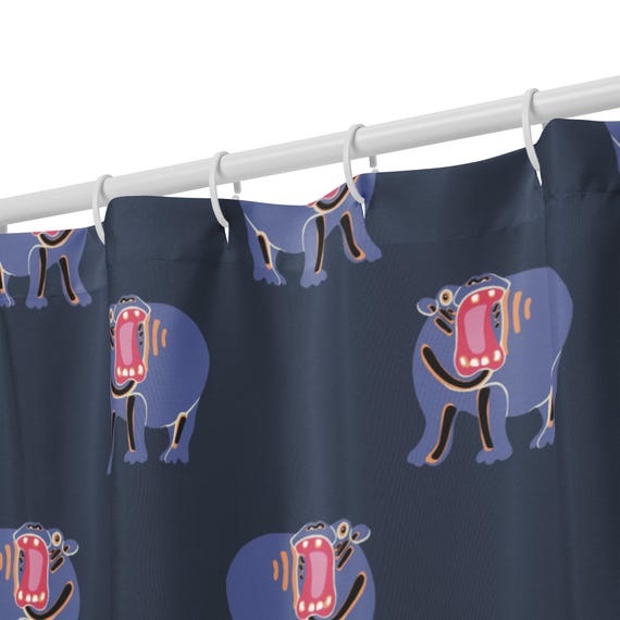 Hand-Drawn Hippo Shower Curtain, Whimsical Bathroom Decor