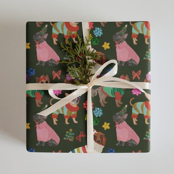 Christmas Dog Wrapping Paper Sheets – Hand-Drawn Holiday Puppy Gift Wrap