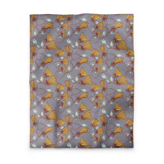 Floral Duvet Cover / Gold Blue Grey and Brick / Unique Handdrawn Flowers by Jrouxart