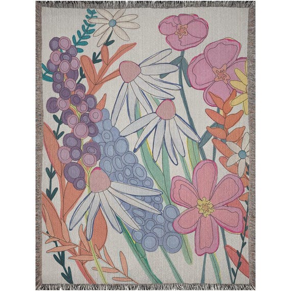 Woven Flower Field Blanket: Jrouxart Boho Throw with Fringe