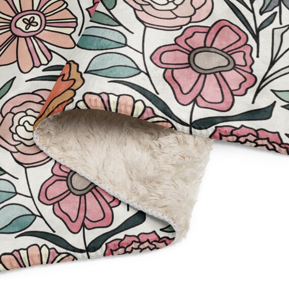 Floral Sherpa Blanket: Pink and Sage Green Flowers