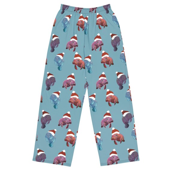 Manatee Christmas Pajama Pants: Hand-Drawn Jrouxart Wide-Leg Loungewear