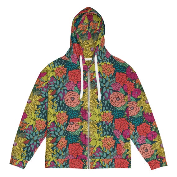Flower Pattern Unisex Zip Hoodie – Electric Garden Flowers - Bold Vintage-Style All Over Print