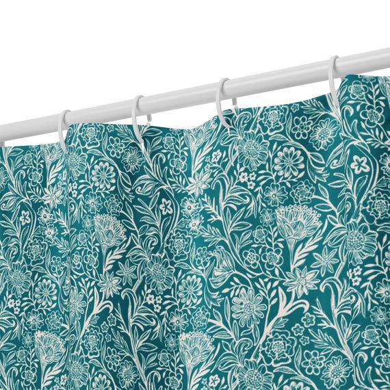 Teal Botanical Shower Curtain, Minimal Bathroom Decor, Soft Floral Bath, Calm Nature Home