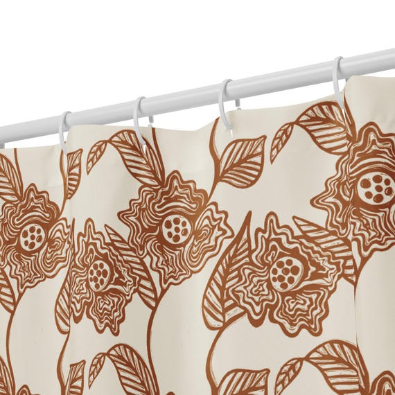 Terracotta Floral Shower Curtain, Boho Bathroom Decor, Warm Earth Tone Botanical Bath, Desert Modern Home
