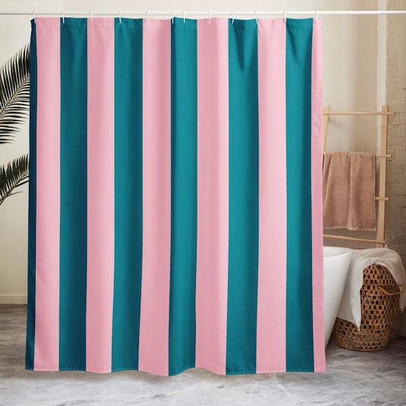 Striped Shower Curtain, Pink Turquoise Bath Decor