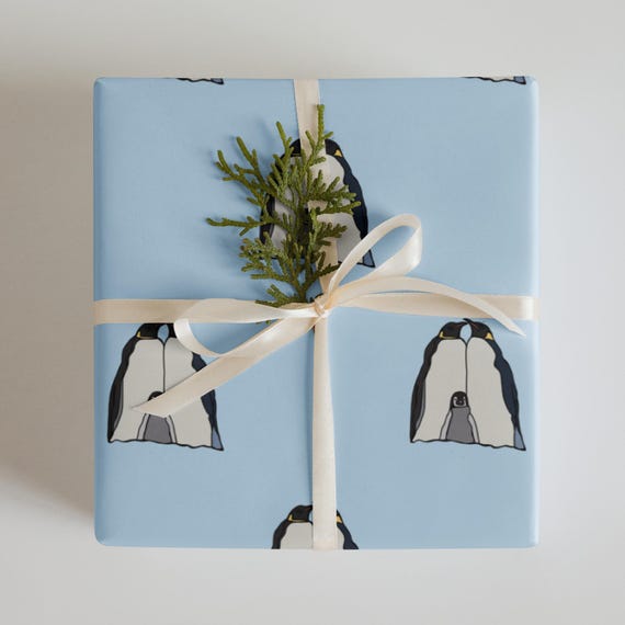 Penguin Gift Wrap / Penguin Family / Blue Winter Christmas Wrapping Papers