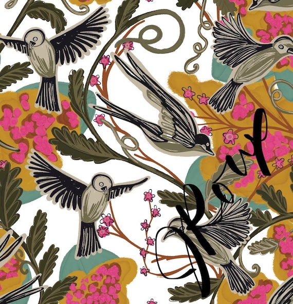 Birds and Floral Microfiber Duvet Cover: Modern Block Print Bedding