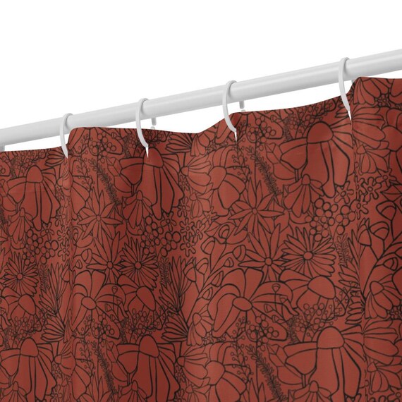 Floral Sketch Shower Curtain / Rust Orange Flower Outline Bathroom Curtain / Modern Art Bath Decor