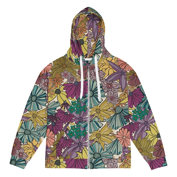 Colorful Retro Floral Unisex Zip Hoodie – Vibrant All-Over Print Jacket, Coneflower Social Flower Series