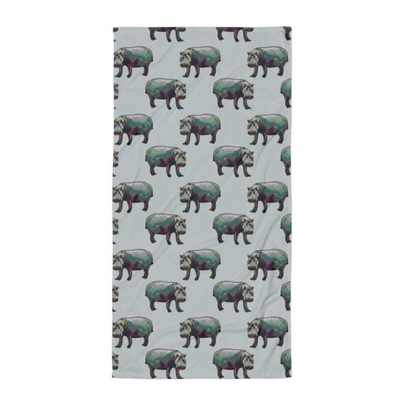 Hippo Beach Beach Towel, Animal Print Pool Towel,  Playful Hippopotamus Design