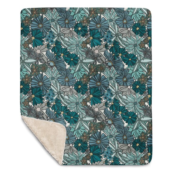 Teal Floral Sherpa Blanket, Soft Aqua Flower Blanket
