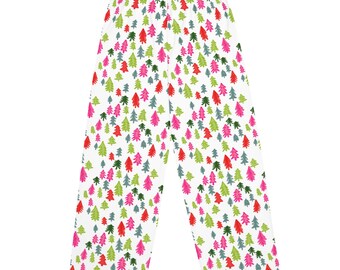 Colorful Christmas Tree Pajama Pants, Pink & Green Holiday Lounge Pants, Matching Family Christmas Pajamas, Unisex Sleepwear