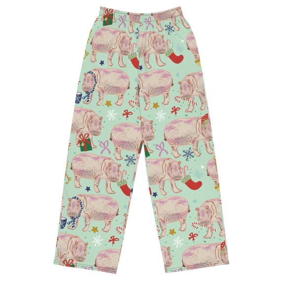 Christmas Hippo Pajama Pants, Hand-Drawn Festive Loungewear