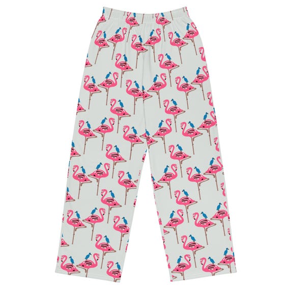 Pink Flamingo Wide-Leg Lounge Pants, Hand-Drawn Art