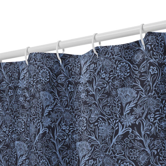 Blue Floral Shower Curtain / Light Blue and Dark Blue Flower Design / Hand Drawn Floral Outline Block Print Style / Modern Shower Curta