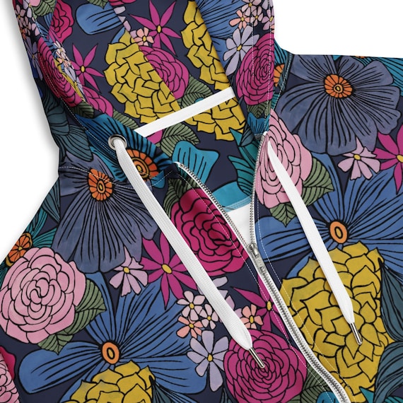 Floral Zip Hoodie, Botanical Artwear, Boho Cottagecore Sweatshirt