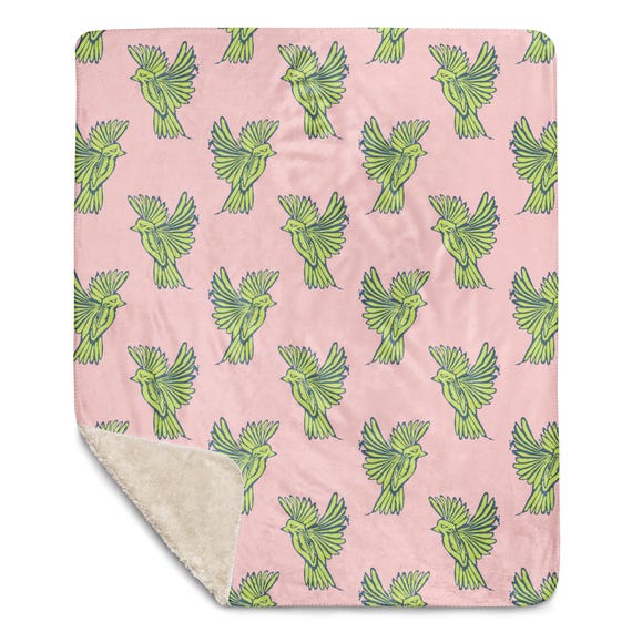 Blush Pink Flying Bird Baby Blanket / Chartreuse Linocut Birds Sherpa blanket