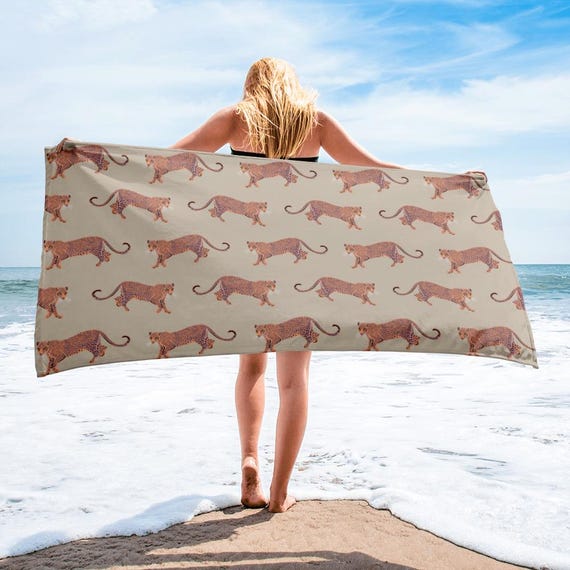 Leopard Beach Towel / Tan, Light Orange and Purple / Animal Print Bathroom Towel