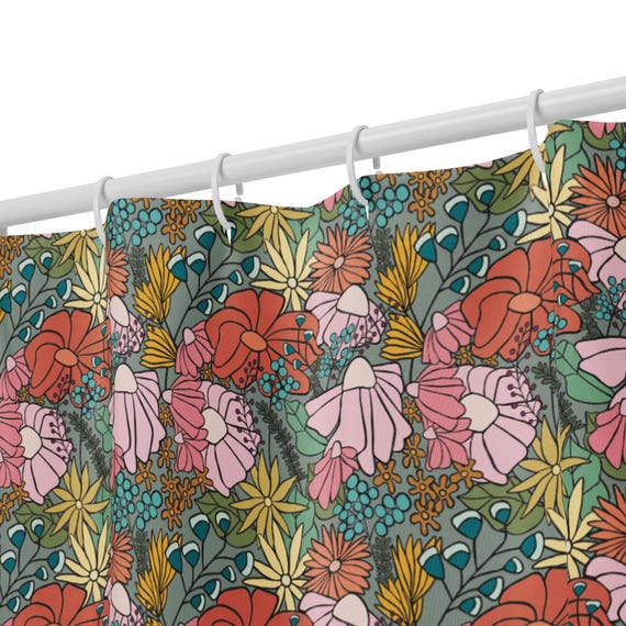 Boho Floral Shower Curtain, Pastel Botanical Bedding, Cottagecore Flower Pattern, Retro Garden Bathroom Decor