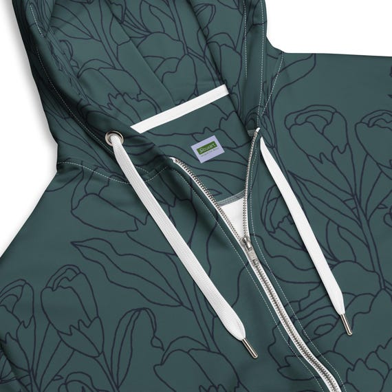 Teal blue floral print Unisex zip hoodie