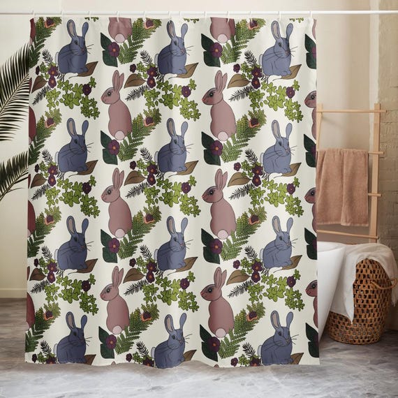 Bunny Shower Curtain, Rabbit Bathroom Decor, Woodland Nursery Bath, Cottagecore Spring Home, Cute Animal Design
