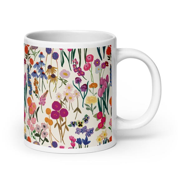 Garden Flowers / Pretty Floral White Ceramic Coffee Mug by Jrouxart