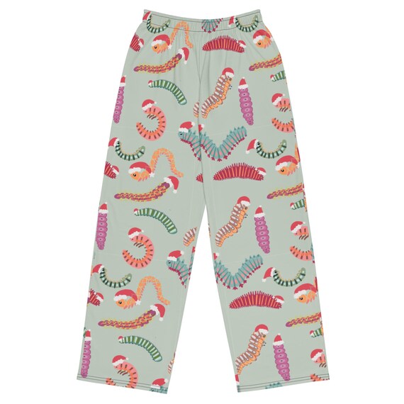 Christmas Caterpillar print unisex wide-leg pants / Men and Women Christmas Pajama Bottoms /