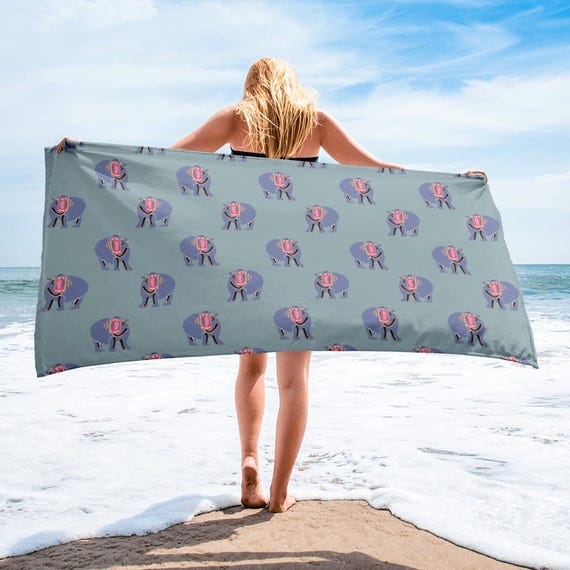 Hippo Beach Towel / Purple and Greyish Blue