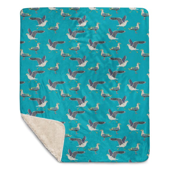 Seagull Blanket / Soft Sherpa blanket / Turquoise Blue